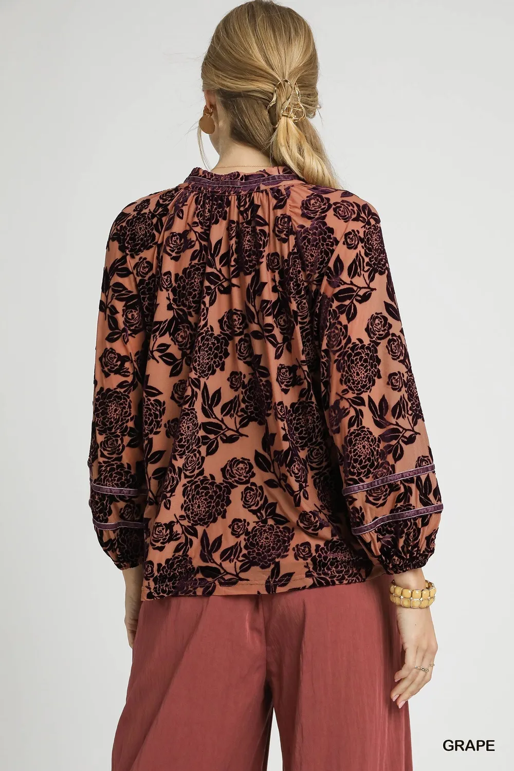 Floral Velvet Blouse with Balloon Sleeves, image 2