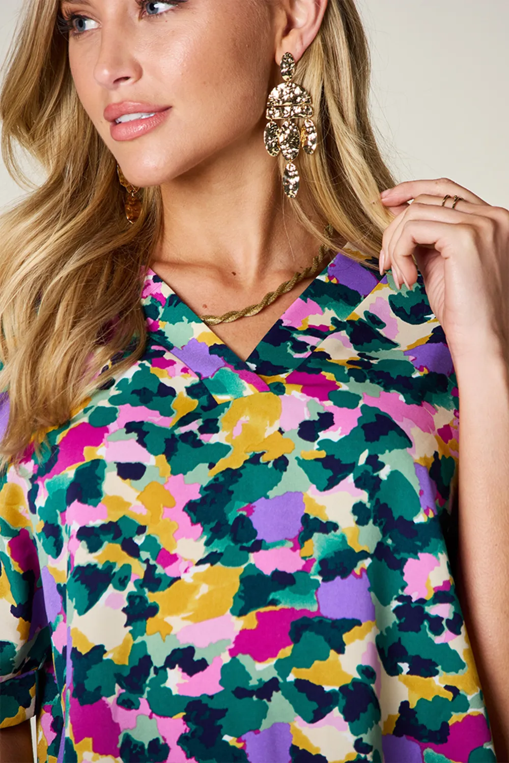 Full Size Printed V-Neck Short Sleeve Side Slit Top, image 4