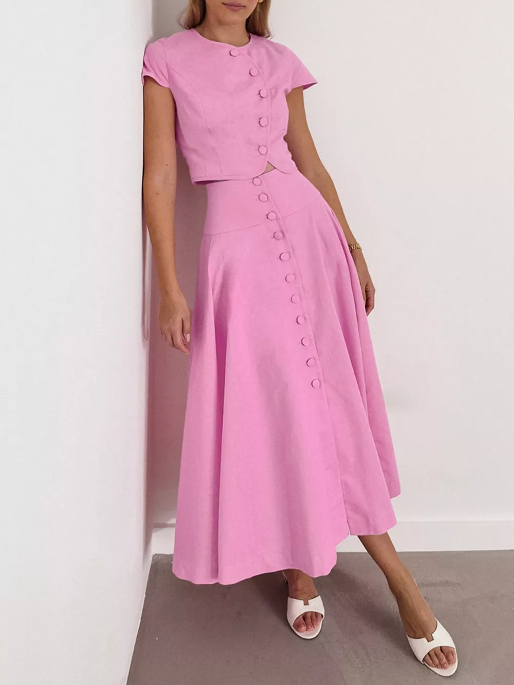 Cap Sleeve Button-Down Crop Top and Midi Skirt Set, image 4