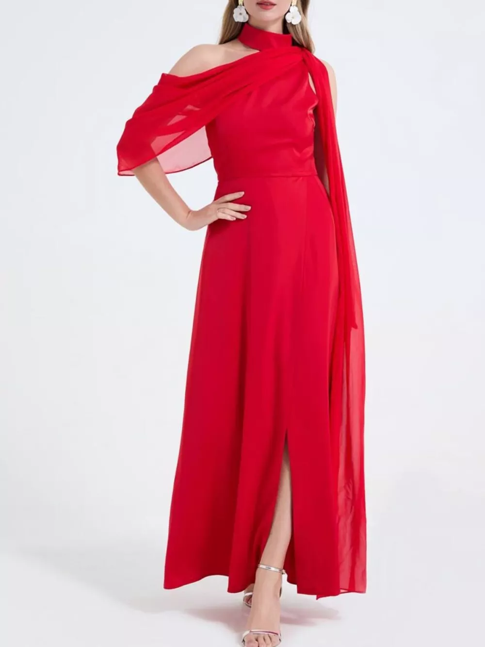 Asymmetrical Neck High Slit Maxi Dress, image 5