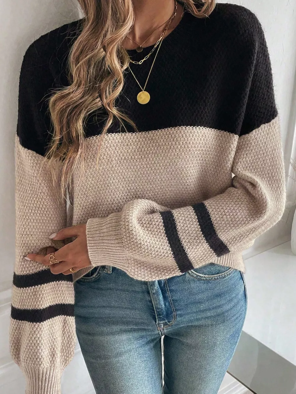 Color Block Knit Striped Sleeve Detail Casual Sweater, image 4