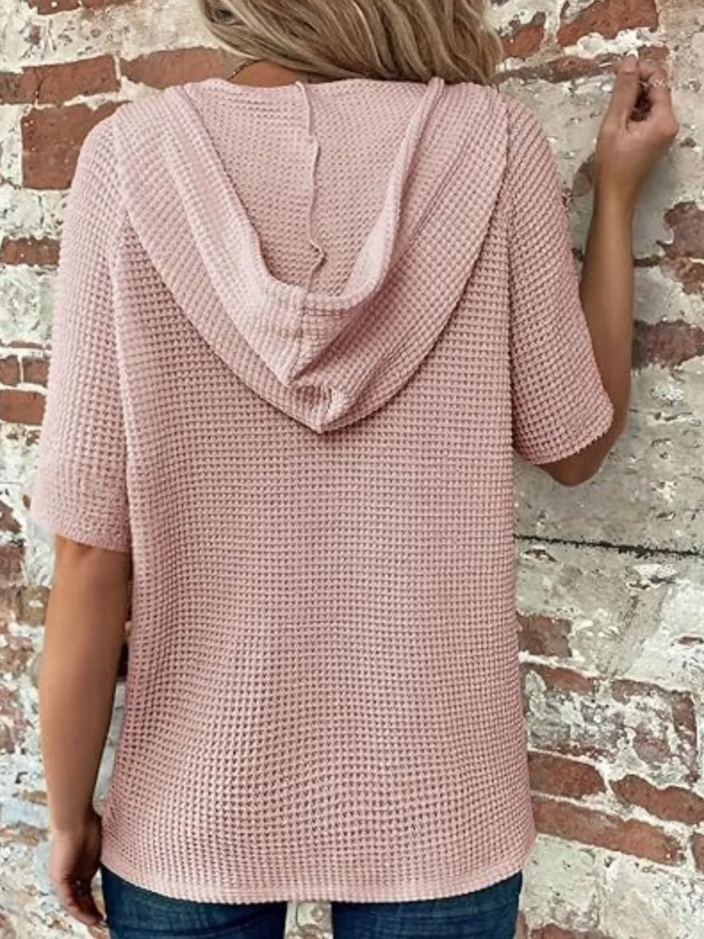 Drawstring Waffle-Knit Short Sleeve Hooded Top, image 11