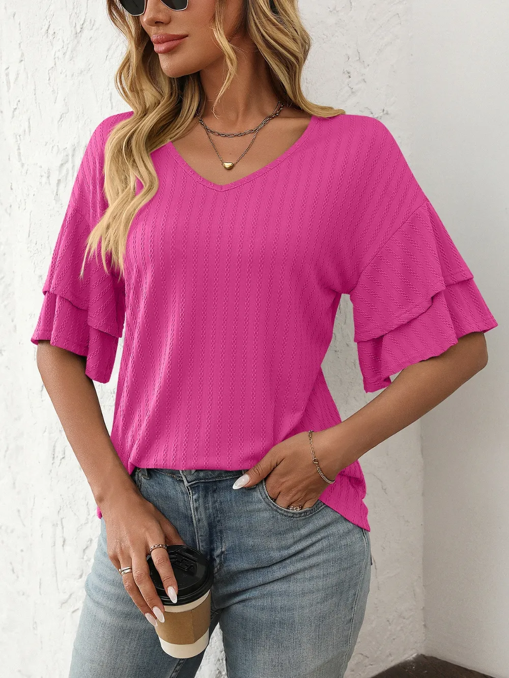 V-Neck Ruffle Half Sleeve Top, image 10