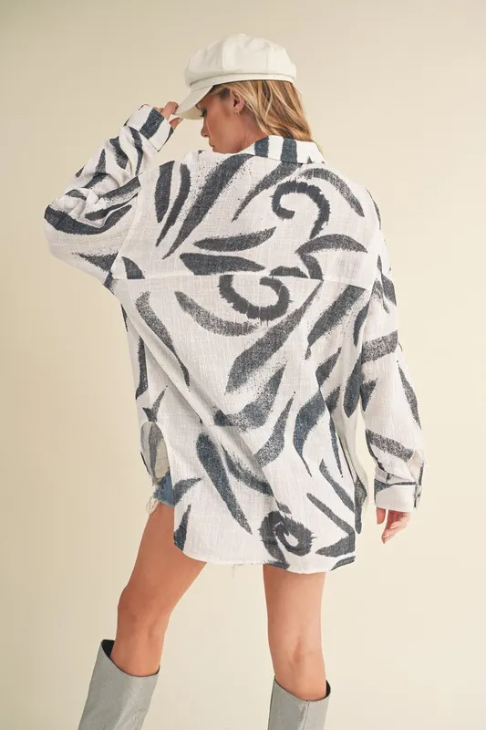 High-Low Printed Button Up Long Sleeve Shirt, image 4