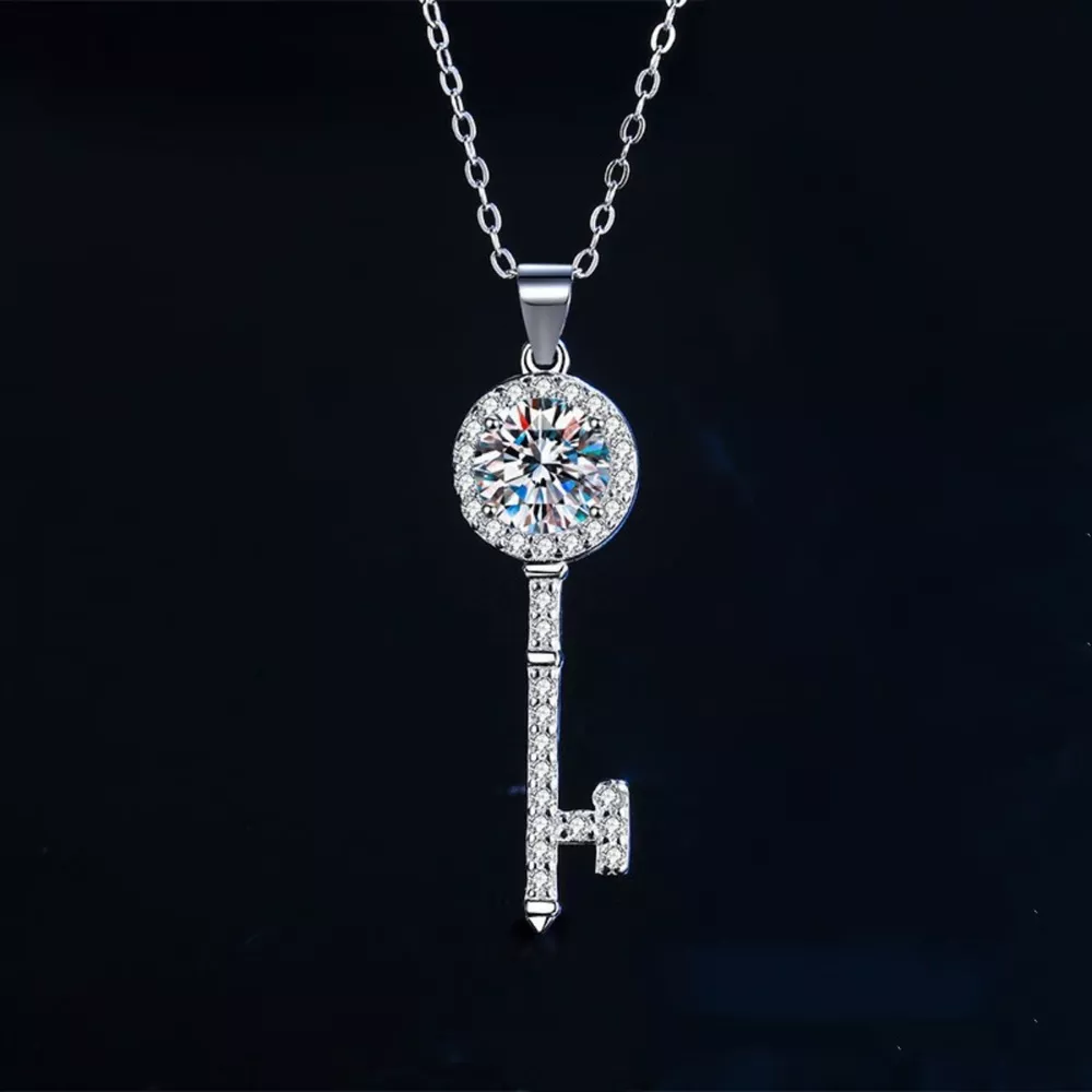 1 Carat 925 Sterling Silver Moissanite Key Pendant Necklace, image 4