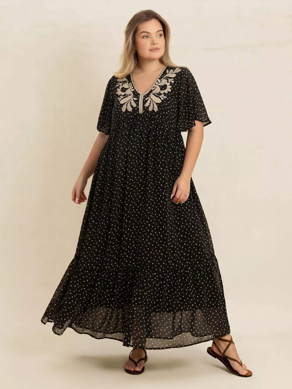 Plus Size Printed V-Neck Flutter Sleeve Maxi Dress, image 5