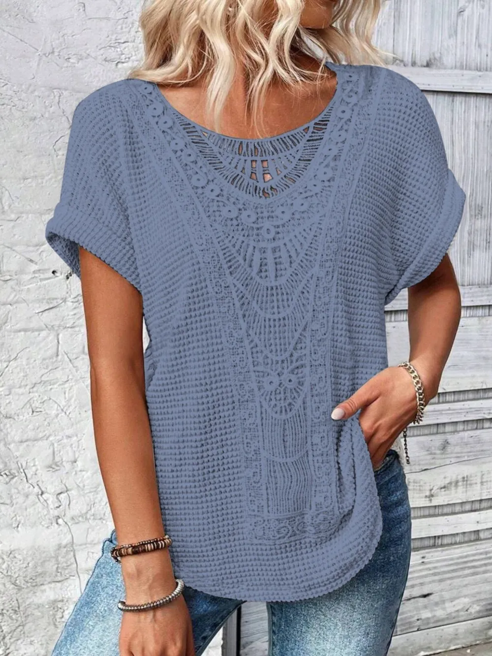 Crochet Lace Short Sleeve Casual T-Shirt, image 11