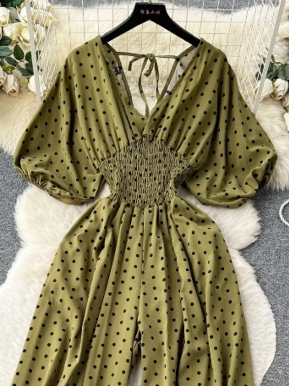 Smocked V-Neck Wide Leg Jumpsuit, image 8