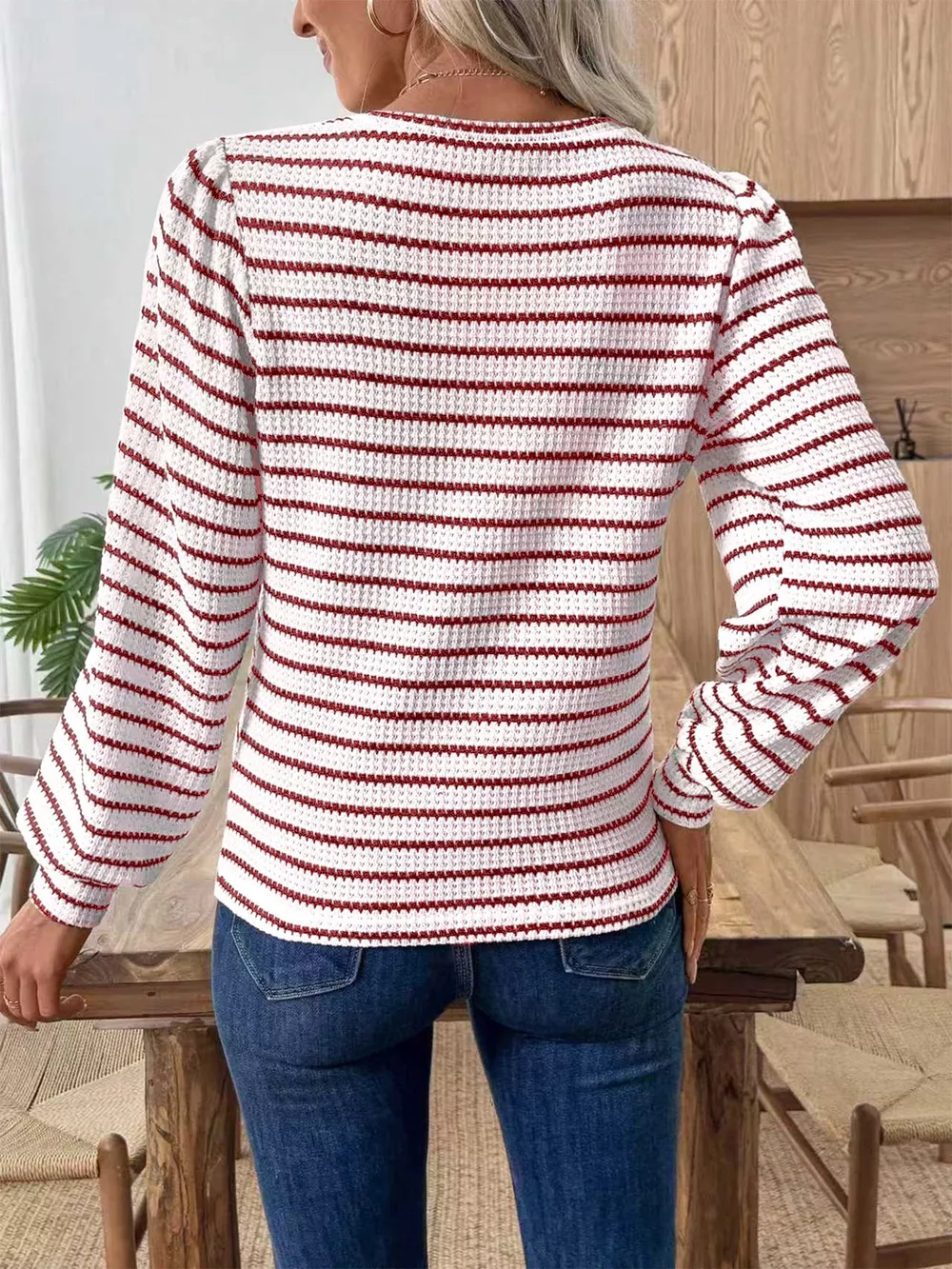 Striped Long Sleeve Texture Knit T-Shirt, image 3
