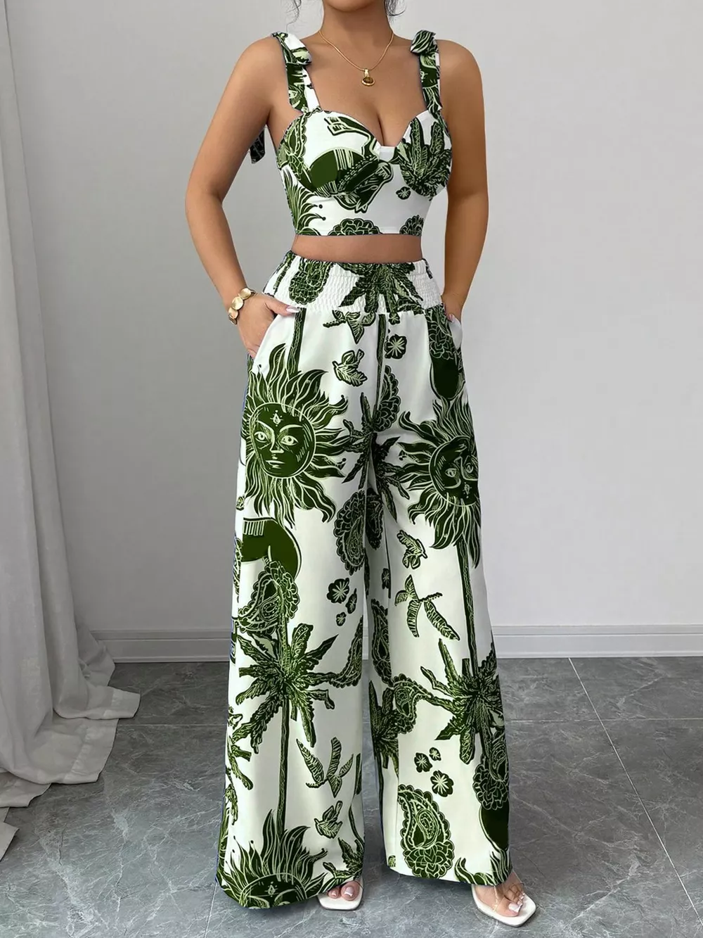 Floral Print Crop Top and Wide Leg Pants Set, image 10