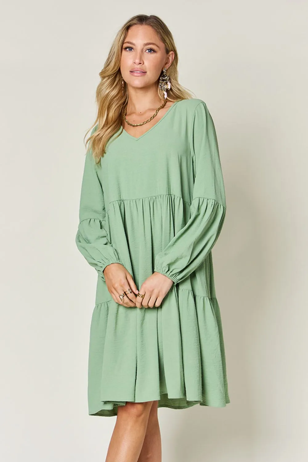 Full Size V-Neck Balloon Sleeve Tiered Dress with Pockets, image 13