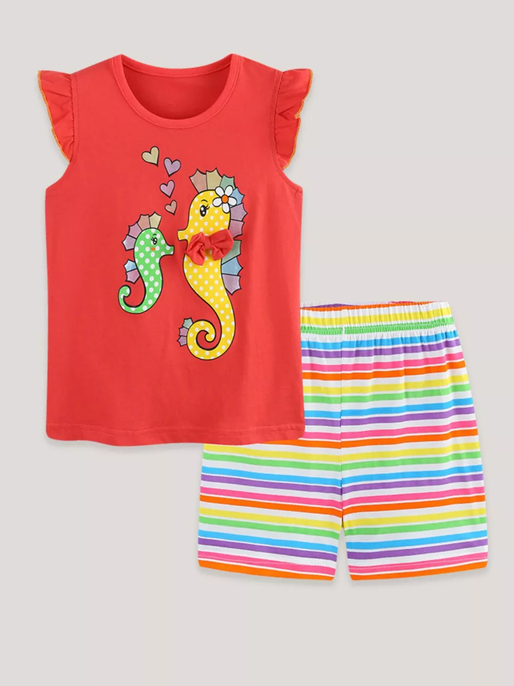 Children's Seahorse Ruffle Sleeve Top and Rainbow Striped Shorts Set, image 2