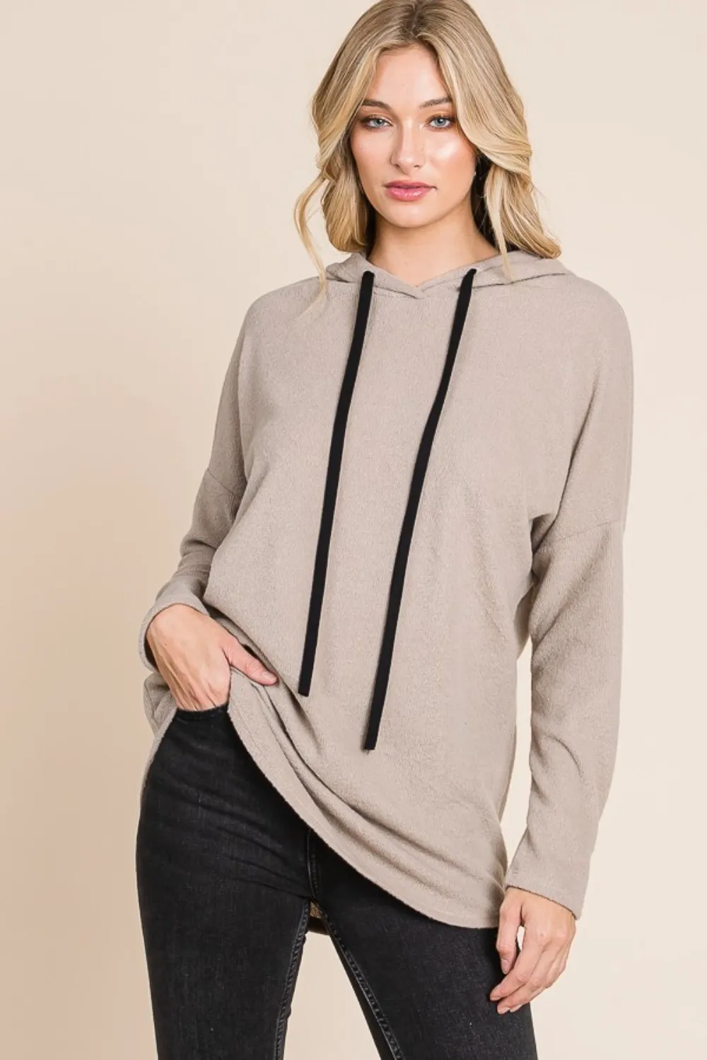 Contrast Drawstring Drop Shoulder Knit Hoodie, image 4