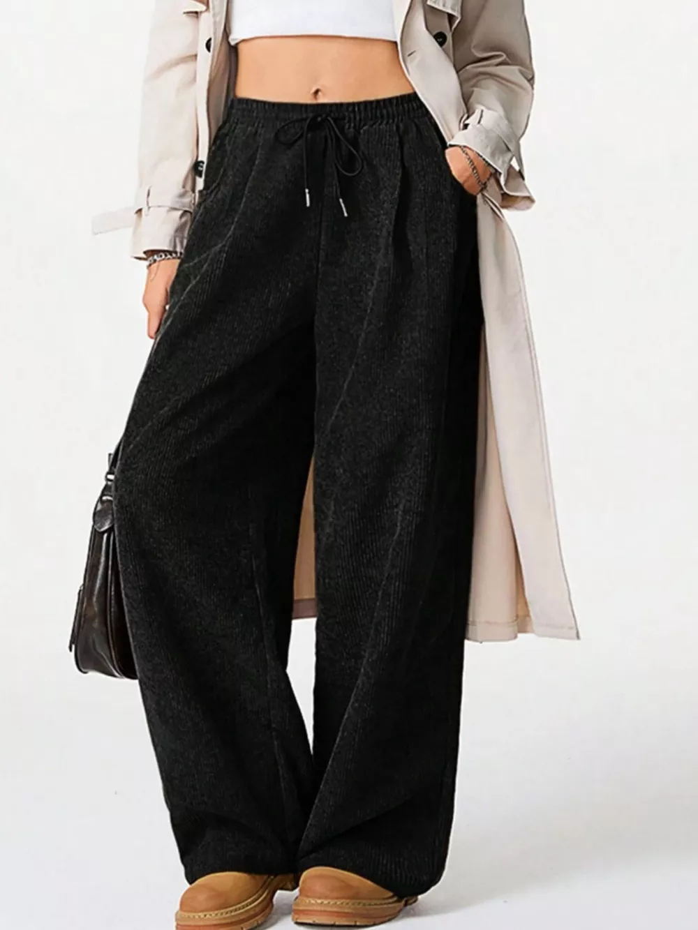 Wide Leg Corduroy Drawstring Pants, image 2