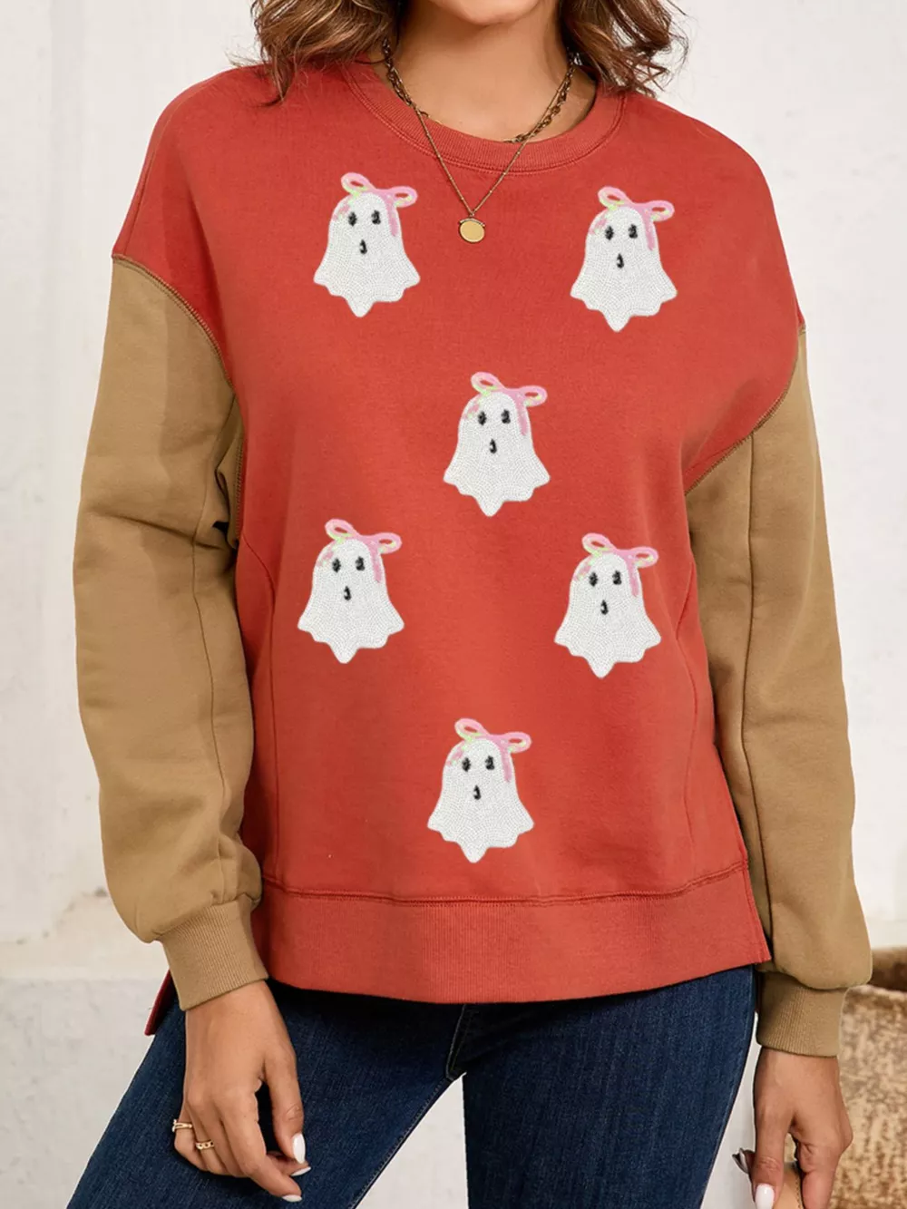 Halloween Glitter Ghost Patched Pattern Color Block Sweatshirt, image 3