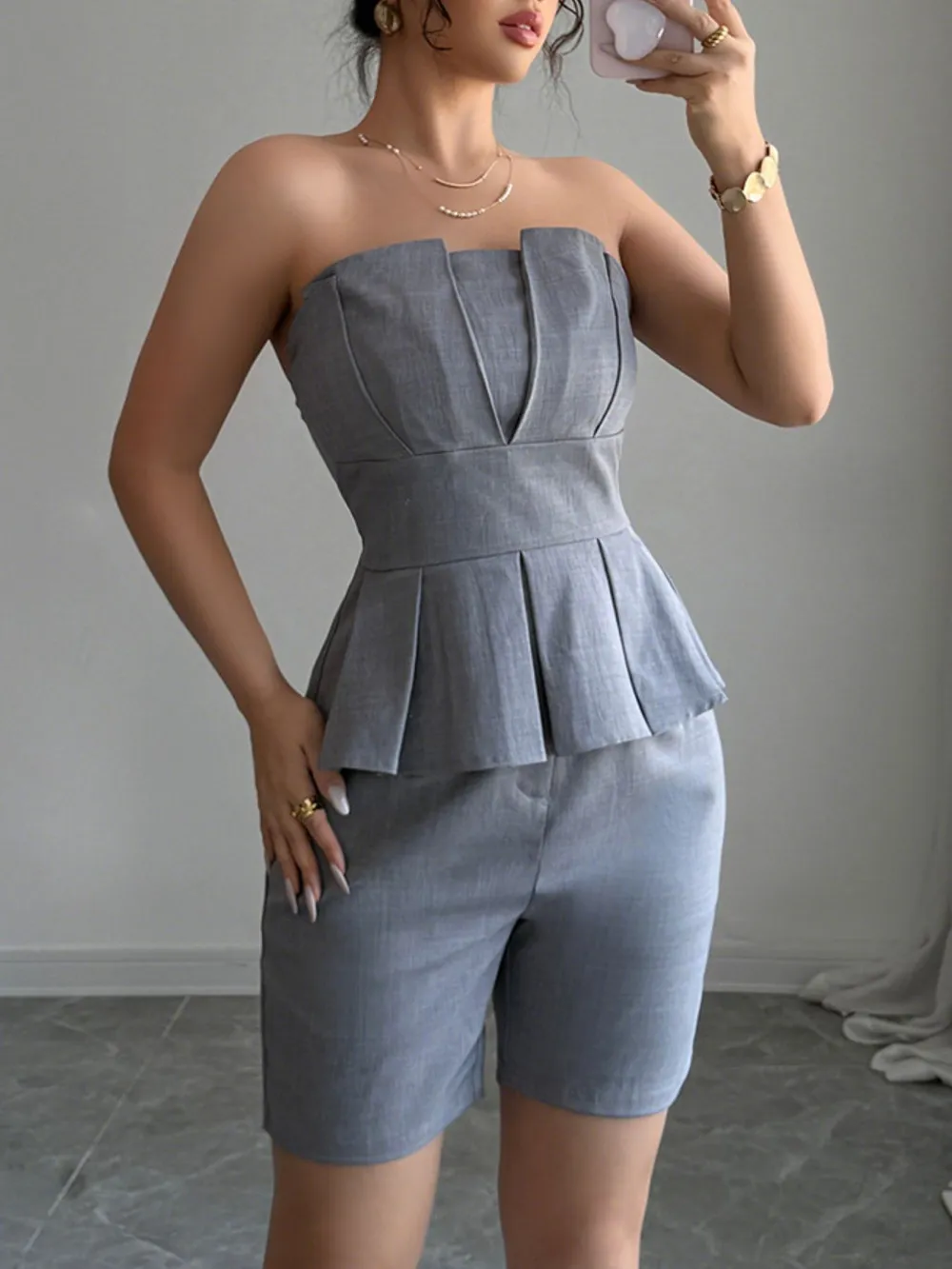 Strapless Peplum Top and Shorts Two-Piece Set, image 3