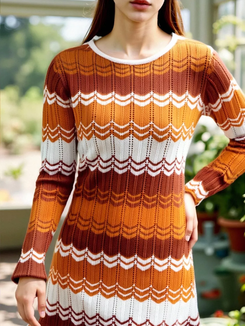 Openwork Wave Pattern Long Sleeve Sweater Dress, image 9