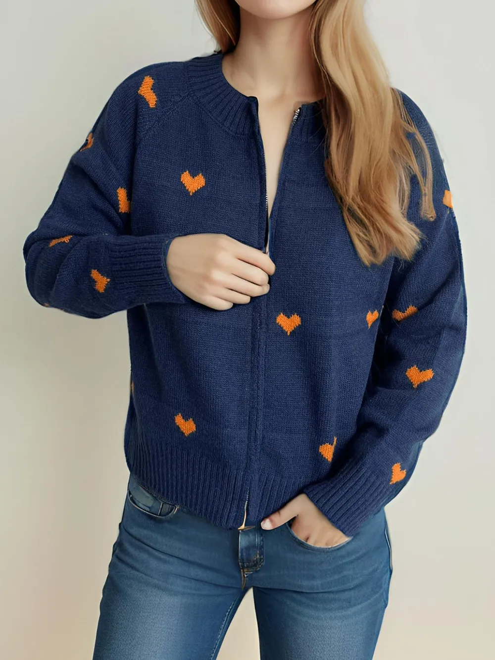 Heart Round Neck Zip Up Cardigan, image 3