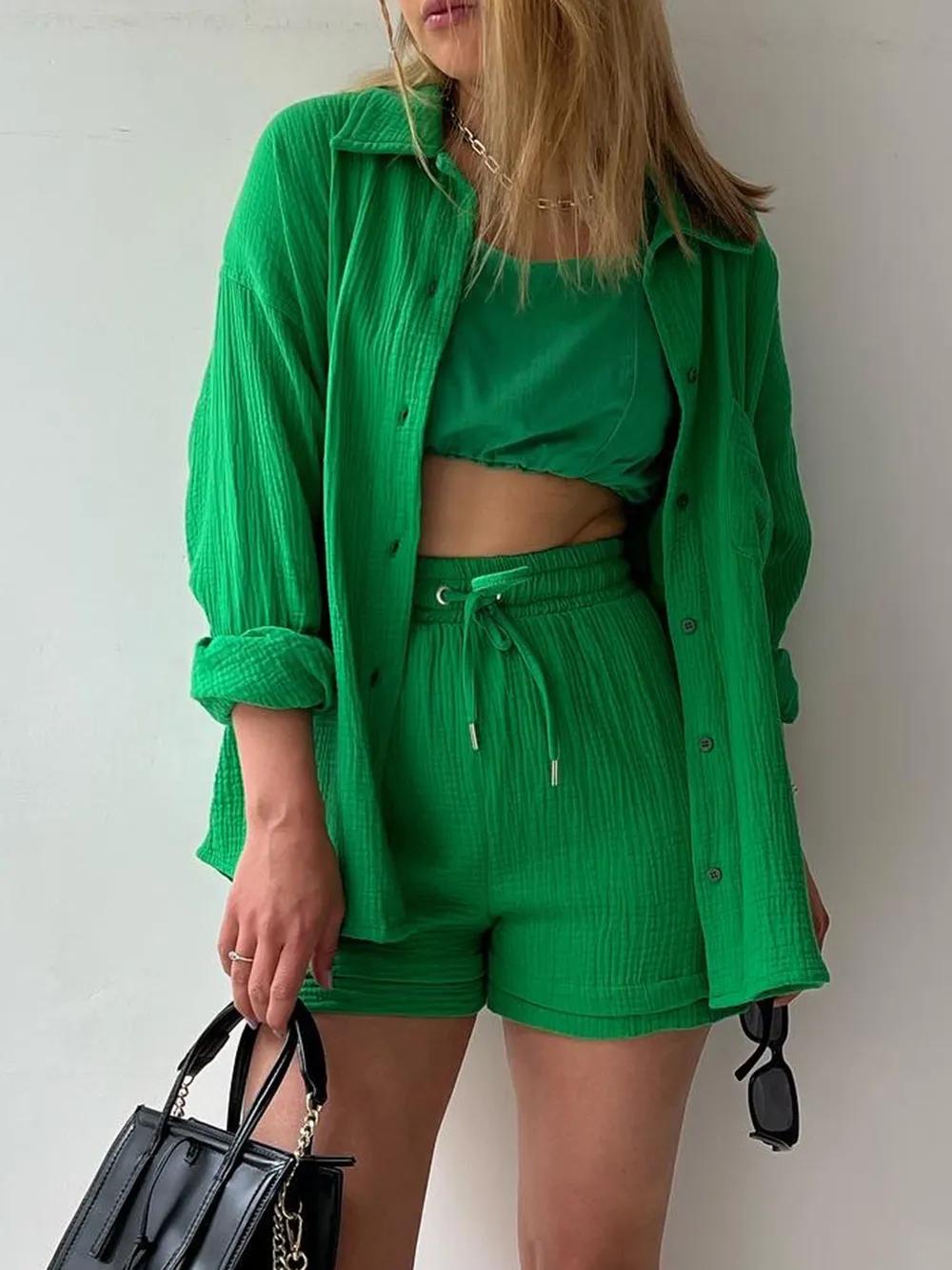 Texture Button Up Shirt and Drawstring Shorts Set, image 17