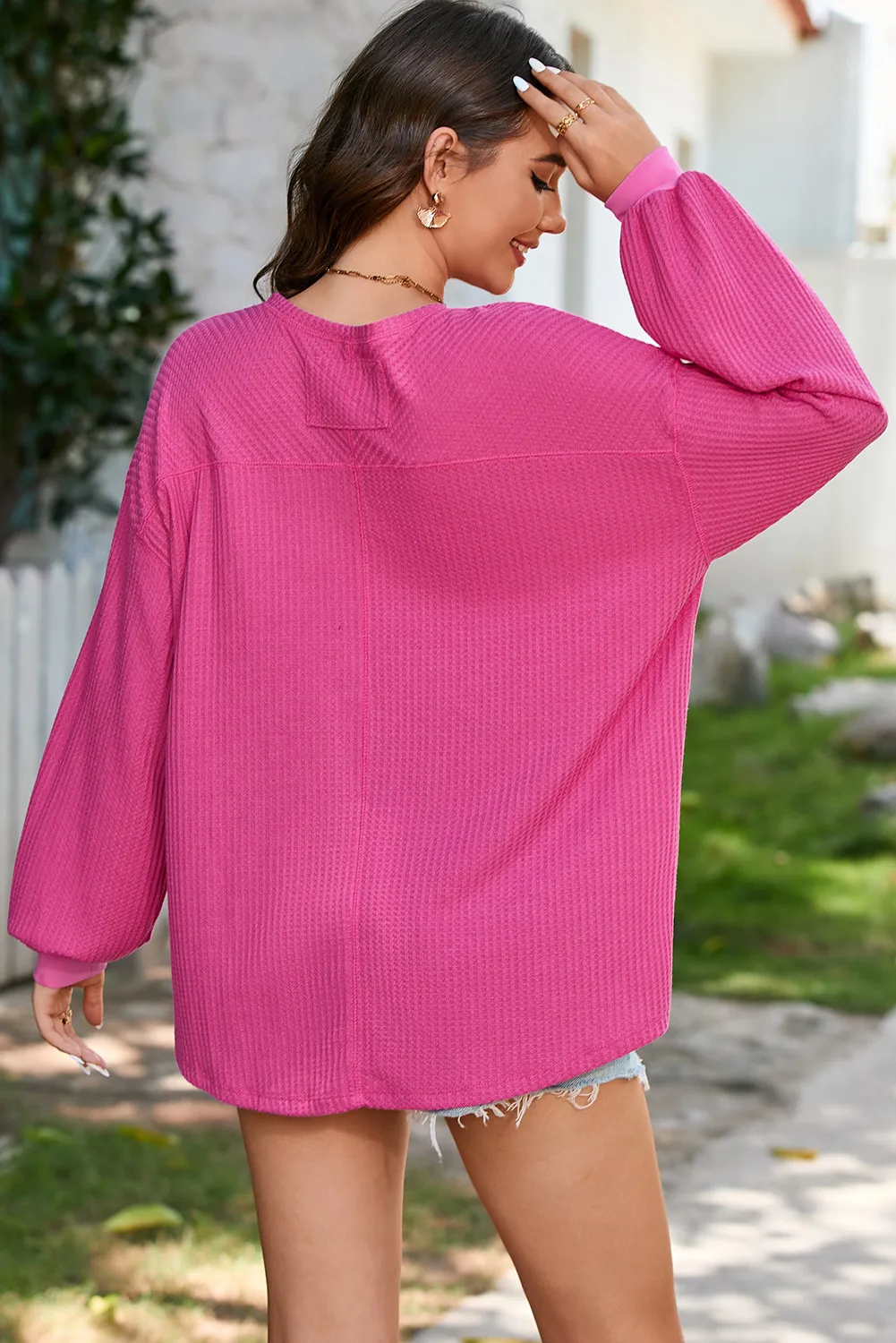 Waffle-Knit V-Neck Long Sleeve Top, image 10