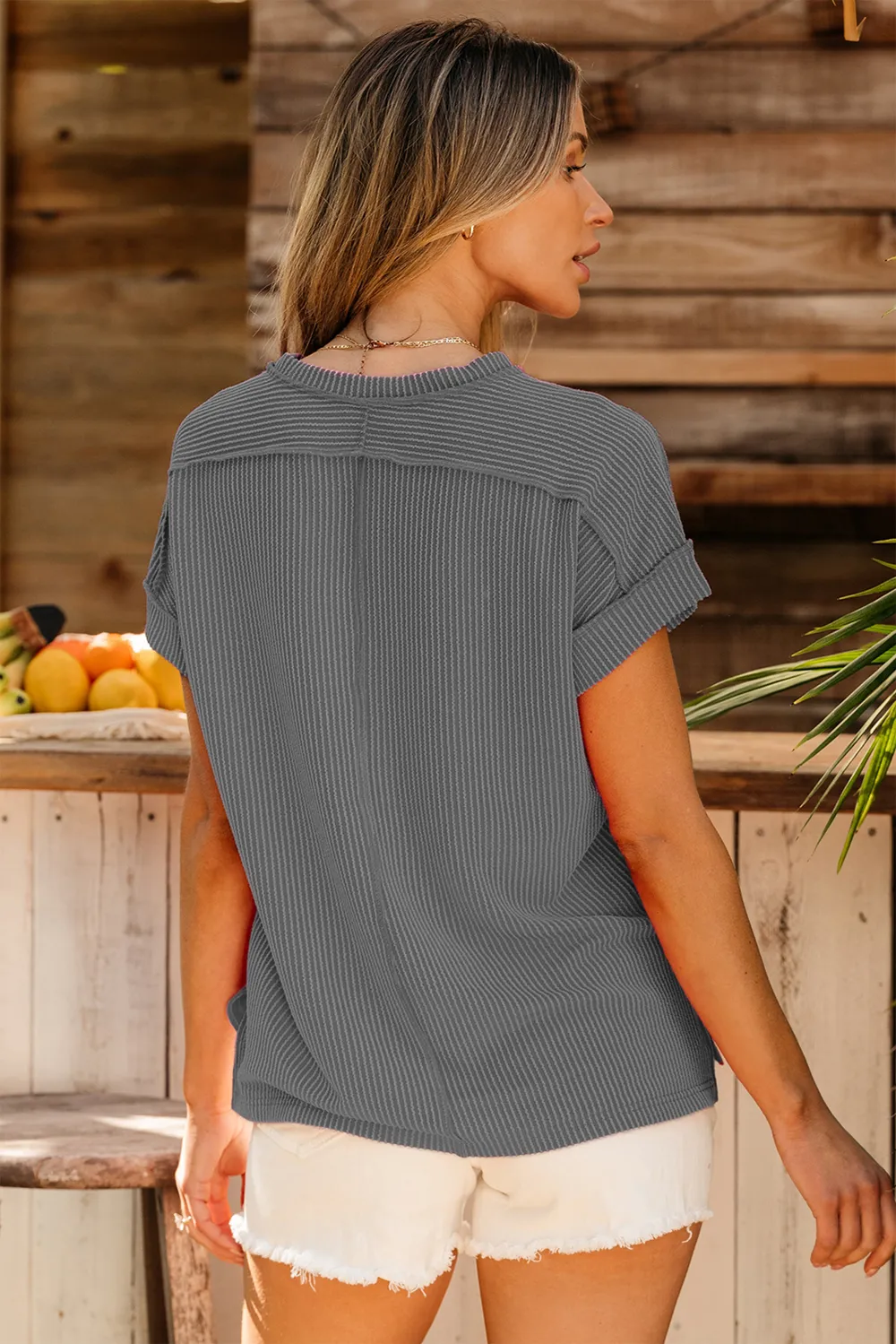 Exposed Seam Round Neck Short Sleeve T-Shirt, image 6