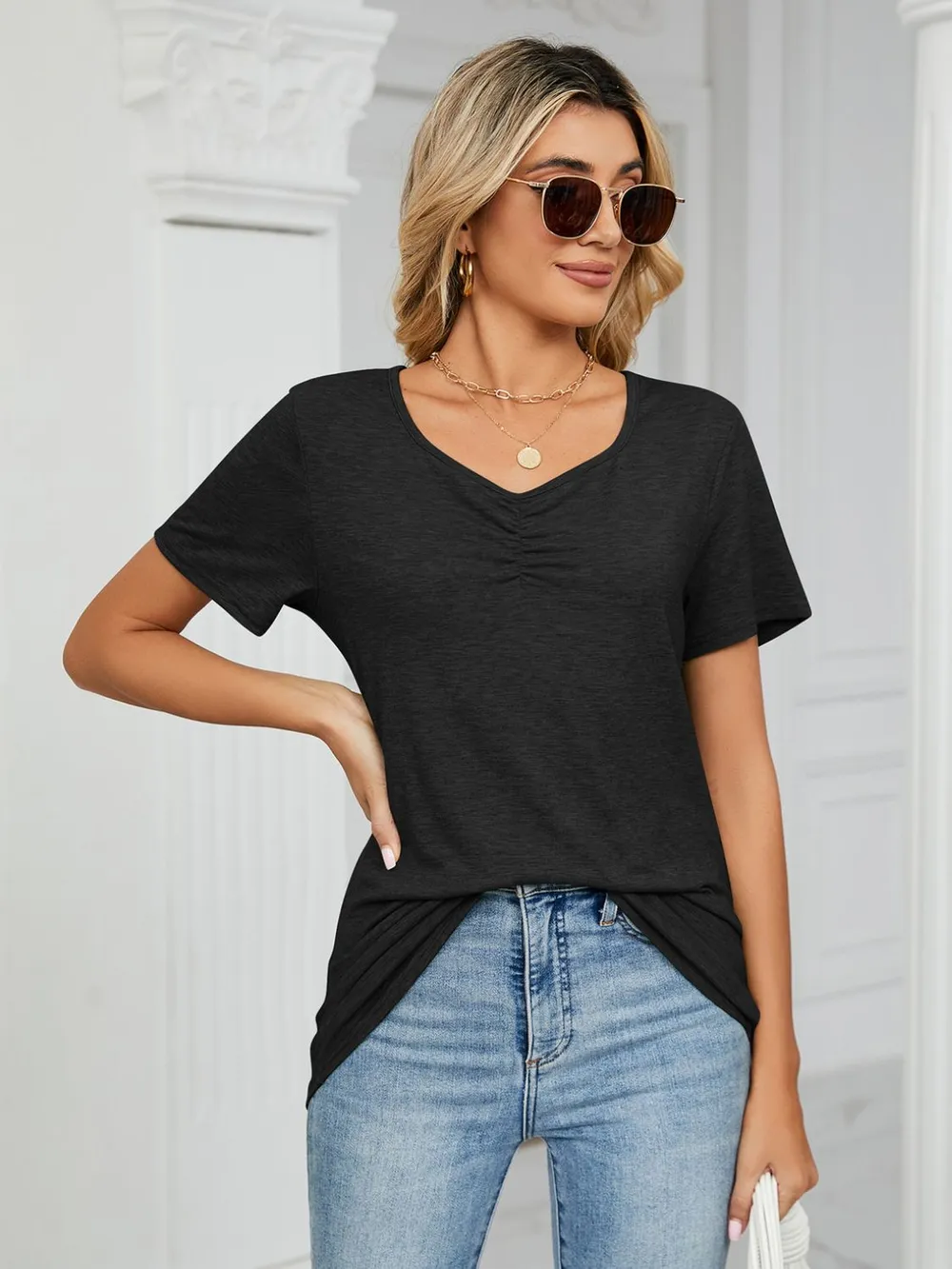 Ruched V-Neck Short Sleeve T-Shirt, image 11