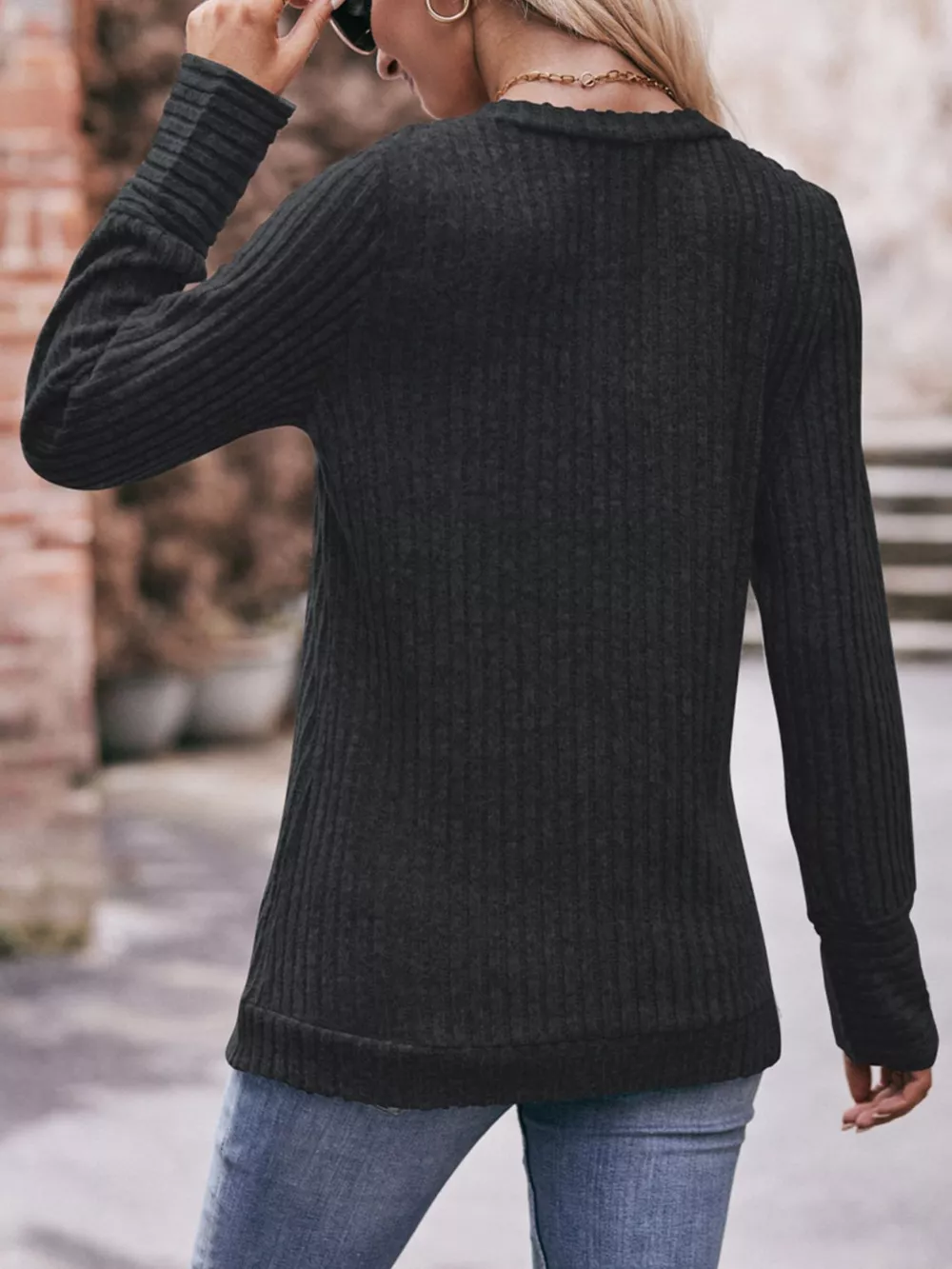 V-Neck Ribbed Knit Long Sleeve T-Shirt, image 16