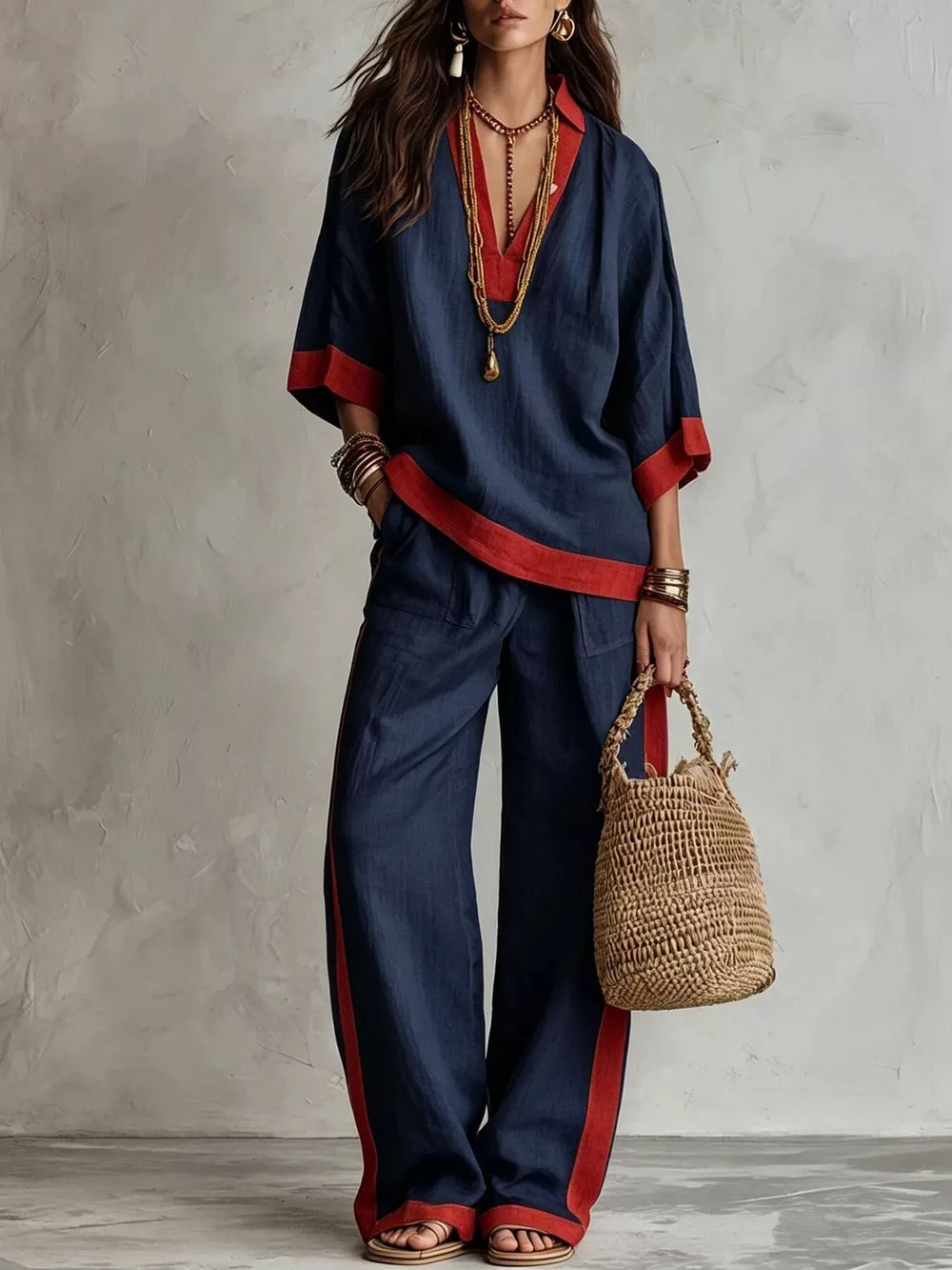 Full Size Contrast Trim Top and Wide Leg Pants Set Plus Size, image 10