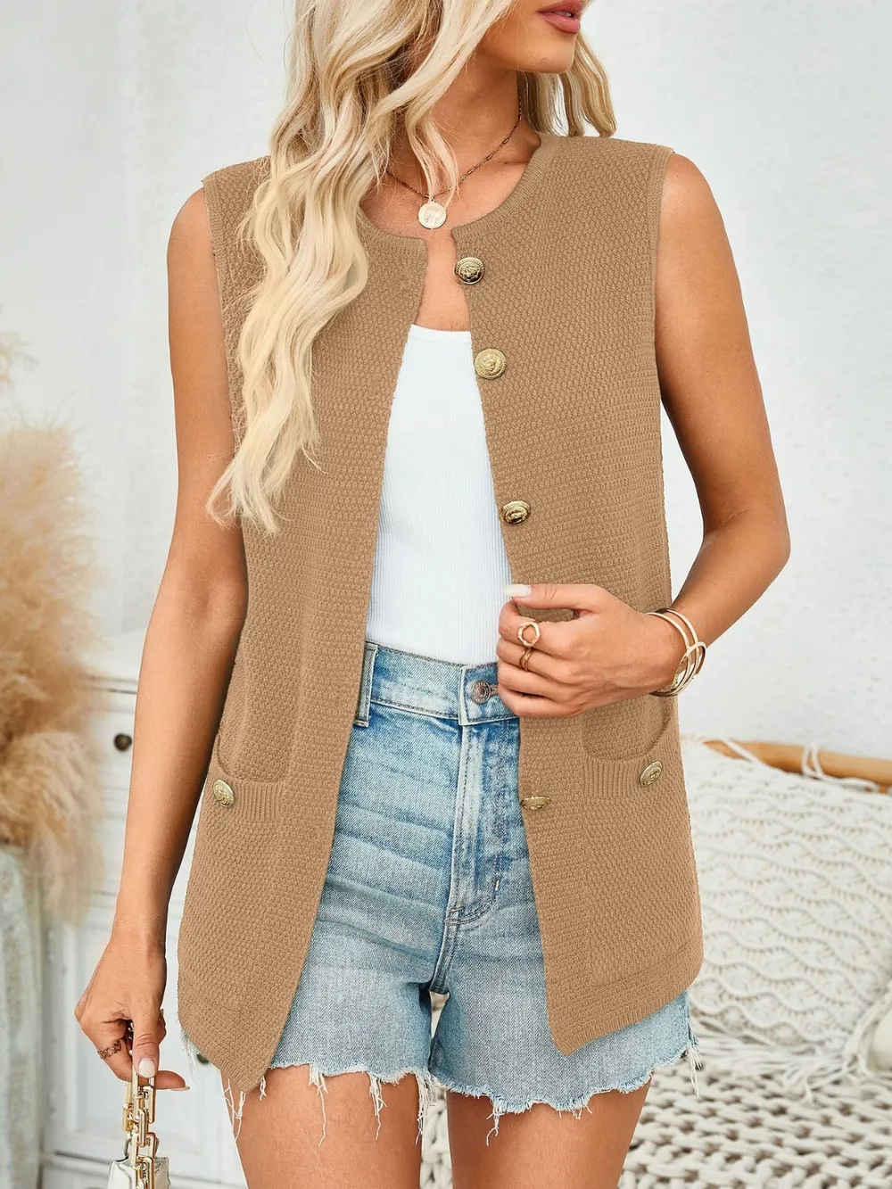 Button Down Round Neck Knit Vest, image 8