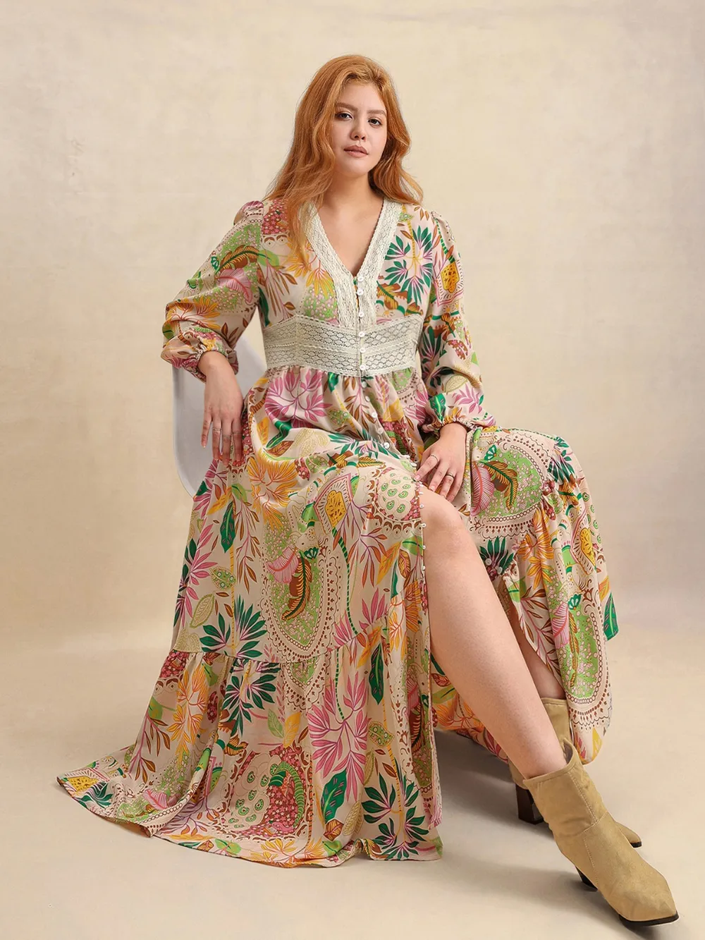 Plus Size Lace Detail Printed V-Neck Balloon Sleeve Dress, image 4