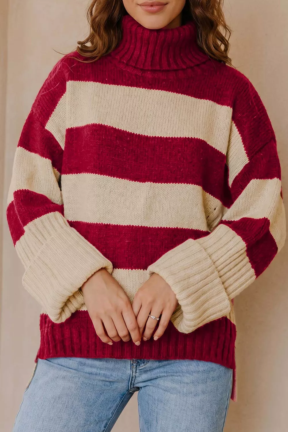 Stripe Ribbed Trim High Neck Relaxed Pullover Sweater, image 4