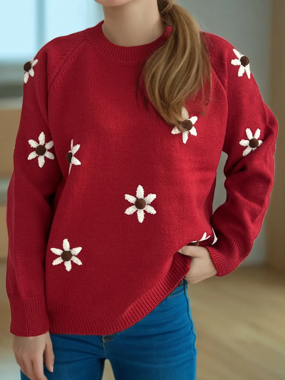 Flower Round Neck Raglan Sleeve Sweater, image 11