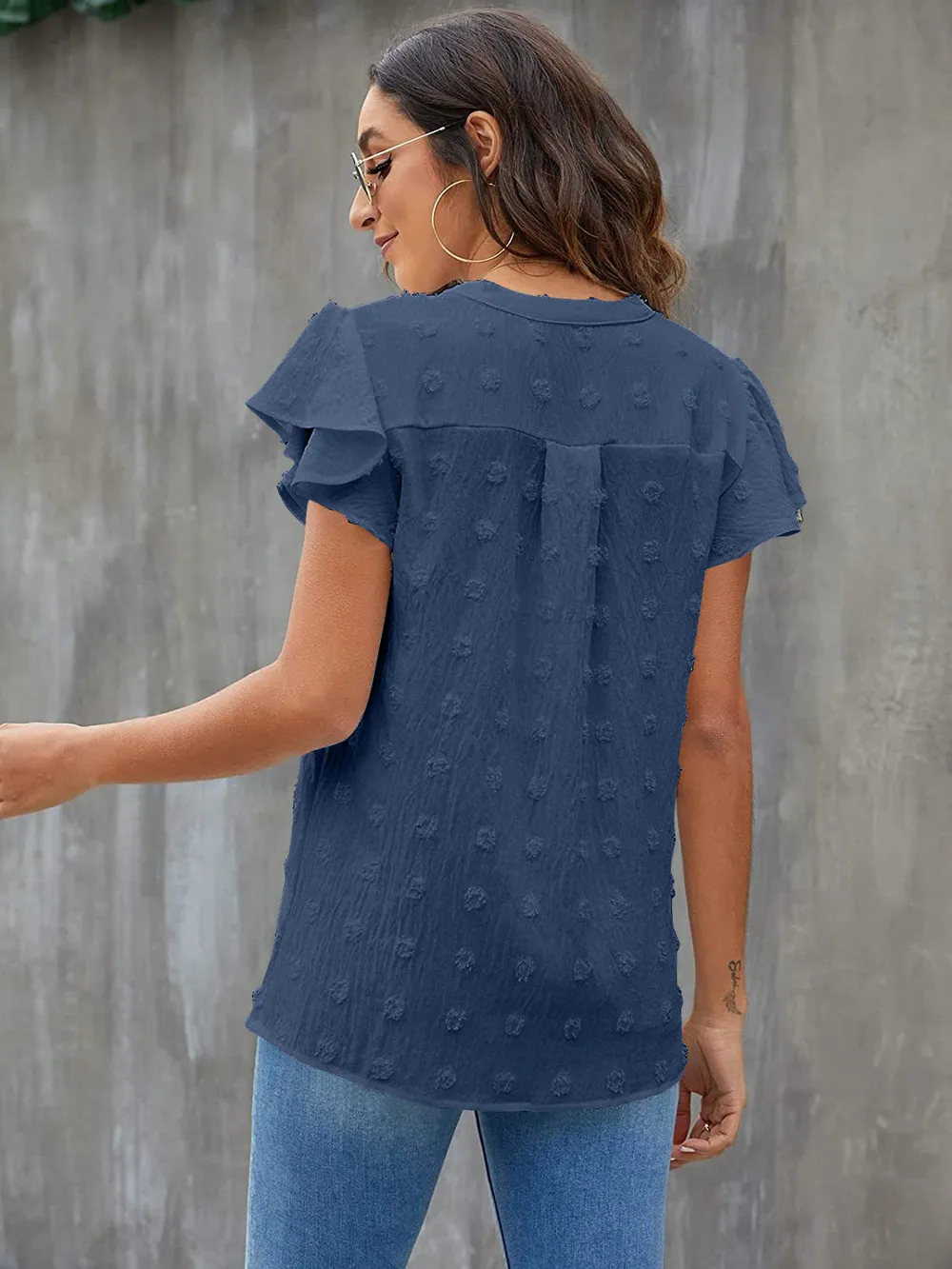 Swiss Dot Notched Flutter Sleeve Blouse, image 17
