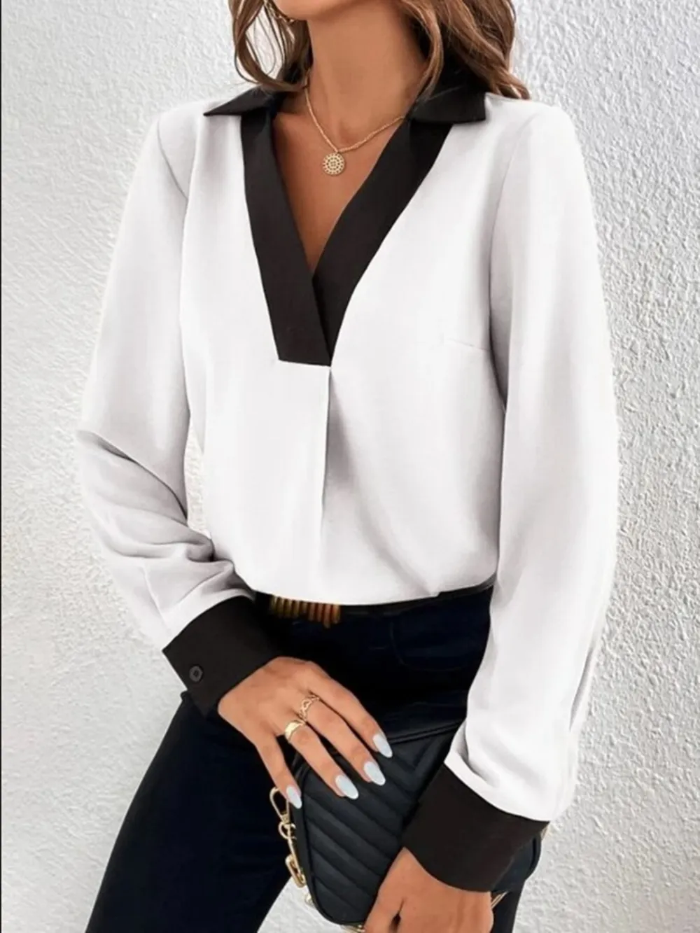Contrast Trim V-Neck Long Sleeve Blouse, image 5