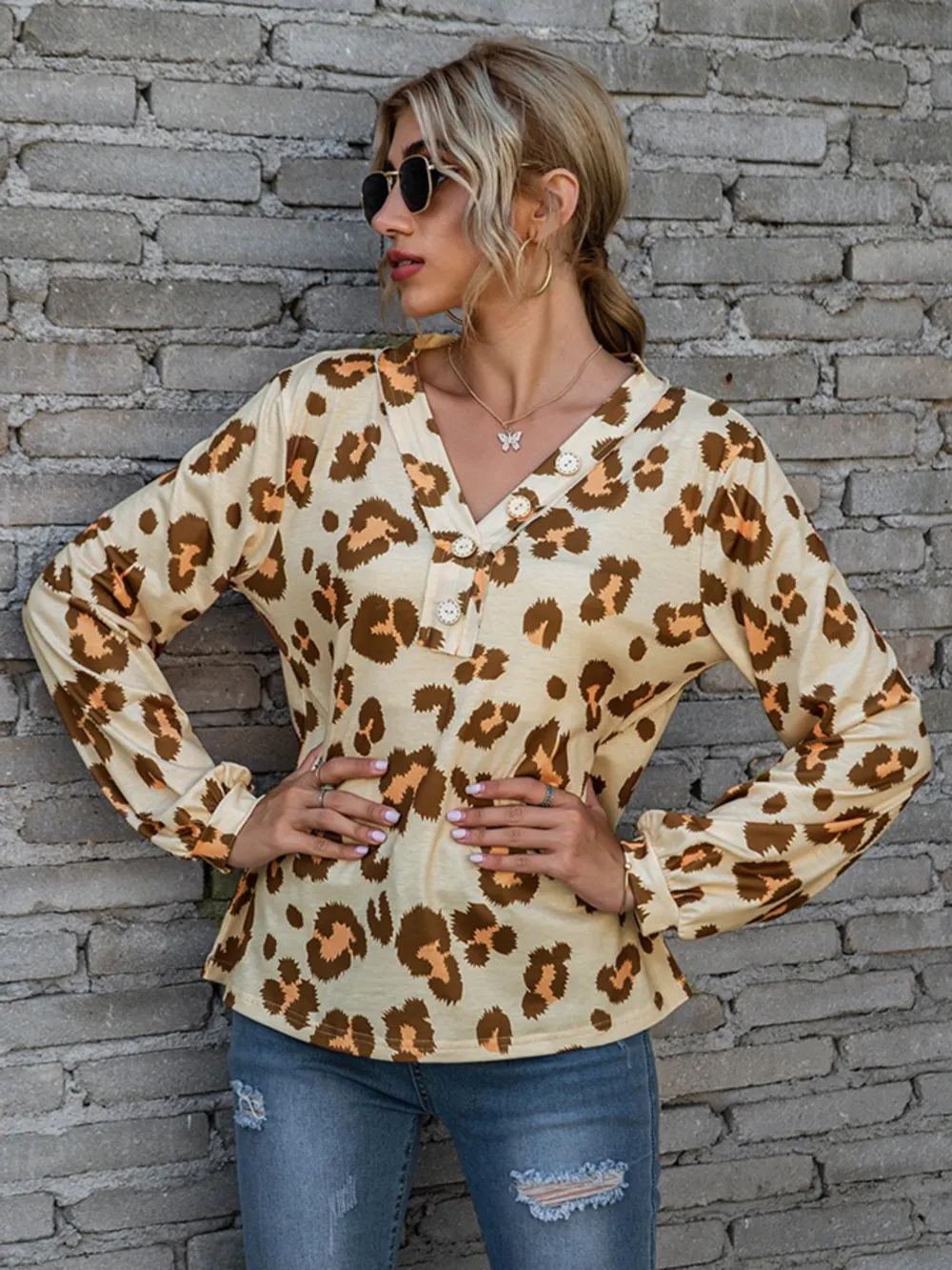 Leopard V-Neck Decorative Button Long Sleeve Blouse, image 4