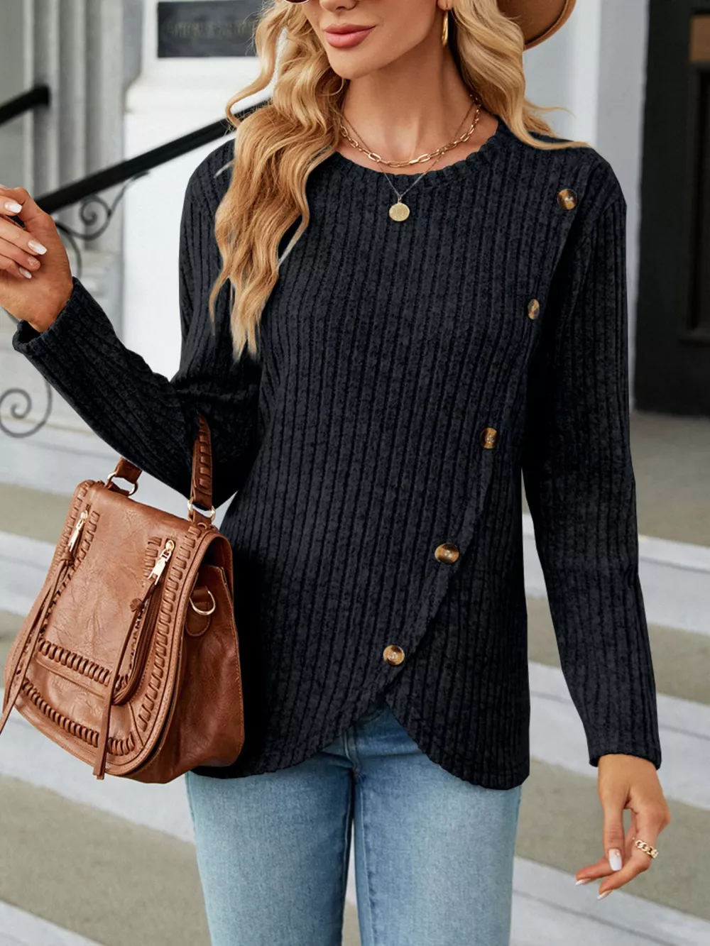 Ribbed Knit Decor Button T-Shirt, image 16