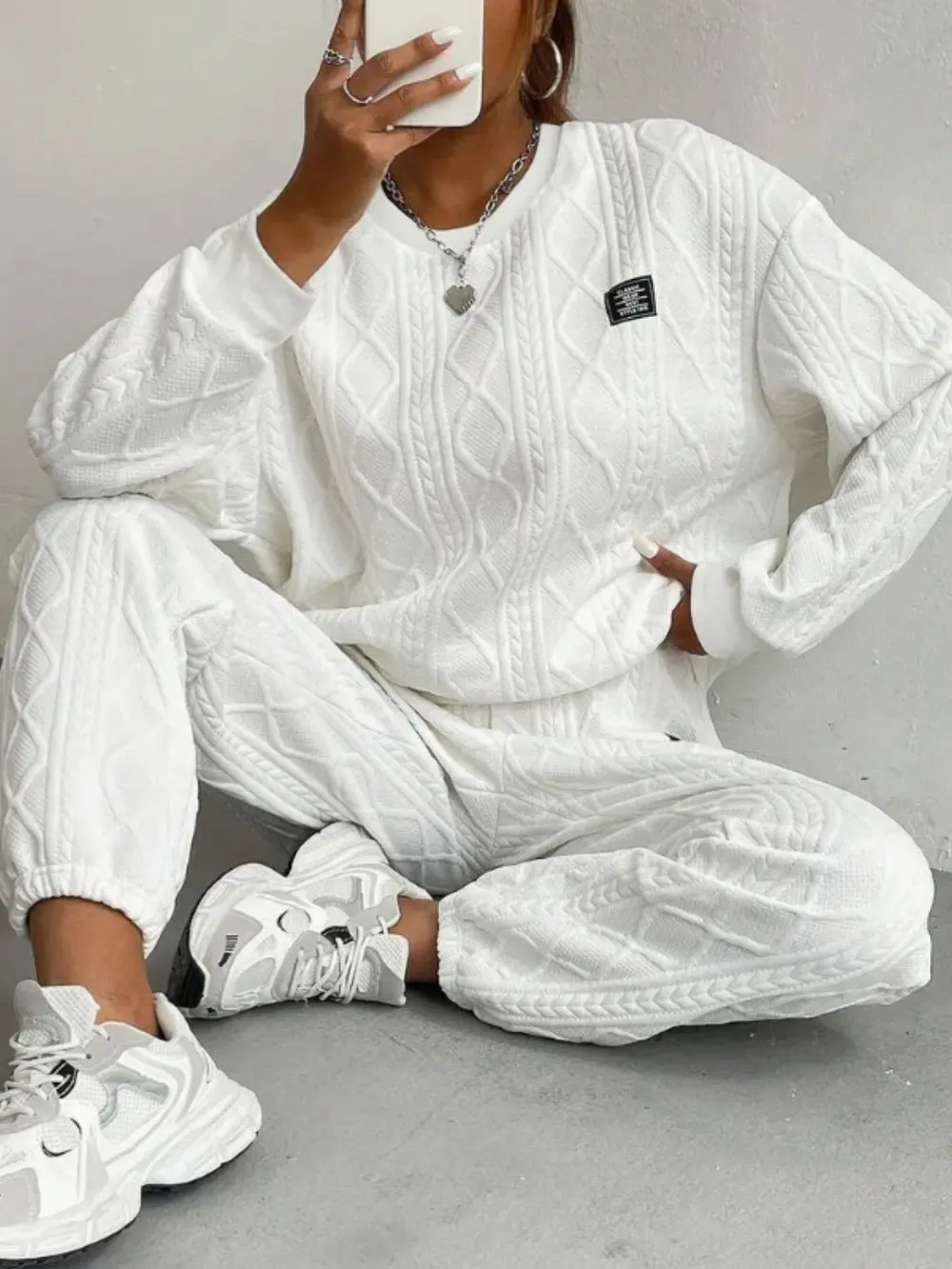 Texture Round Neck Long Sleeve Top and Pants Set, image 8