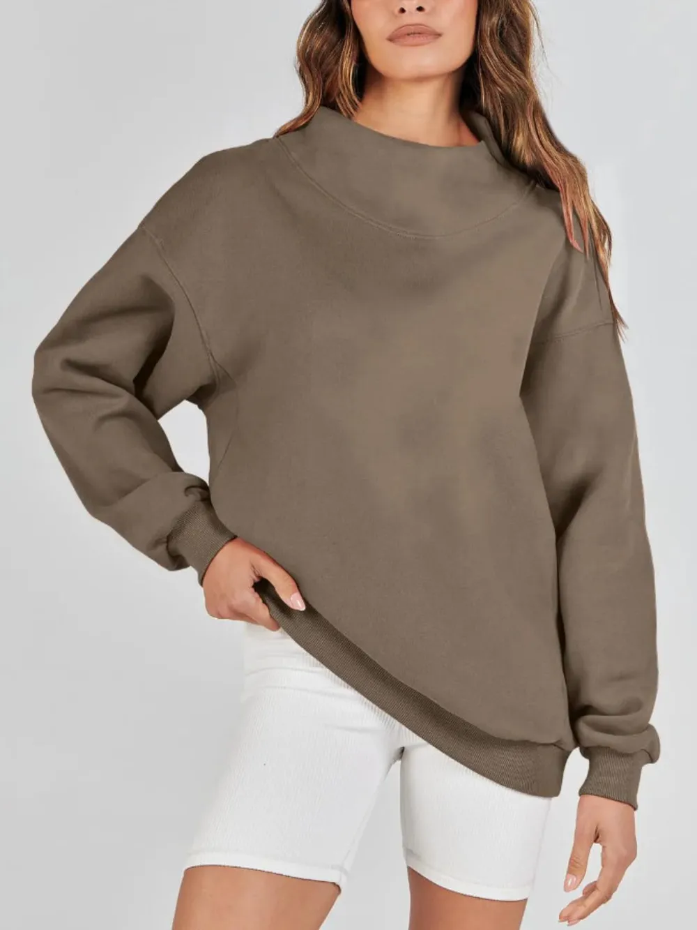 Mock Neck Drop Shoulder Long Sleeve Sweatshirt, image 3