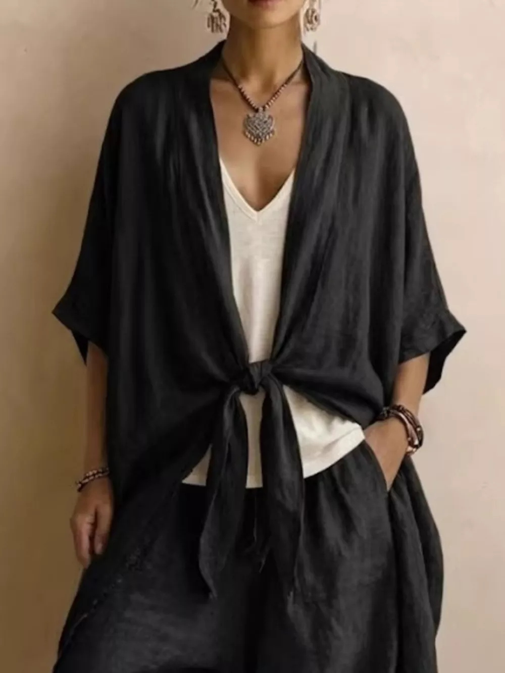 Full Size Tie-Front Cardigan and Wide-Leg Pants Set Plus Size, image 6