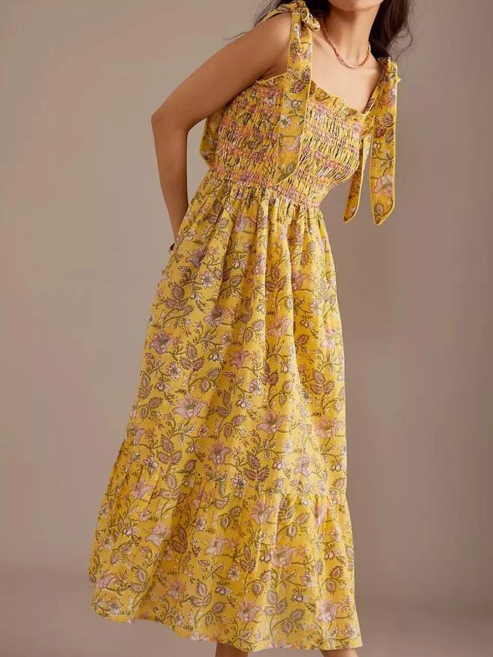 Floral Smocked Tie-Shoulder Midi Dress, image 7
