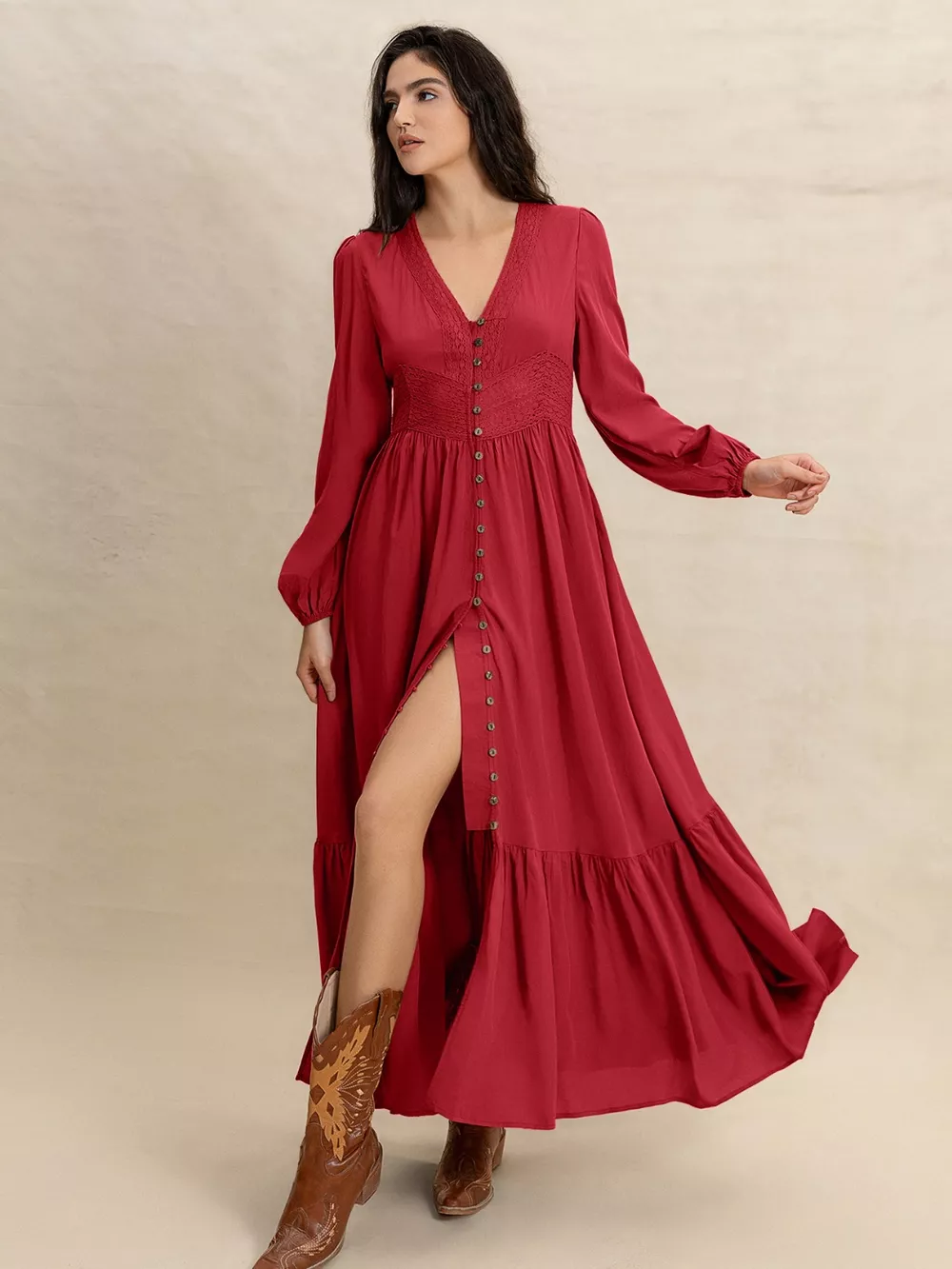 V-Neck Balloon Sleeve Ruffled Hem Maxi Dress, image 5