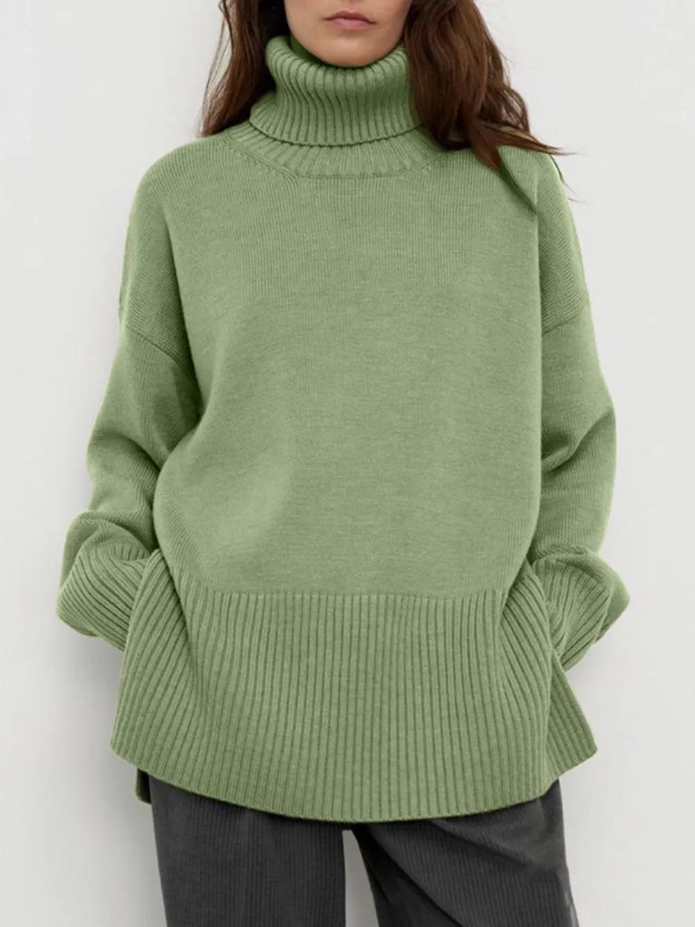 Side Slit Turtleneck Drop Shoulder Sweater, image 16