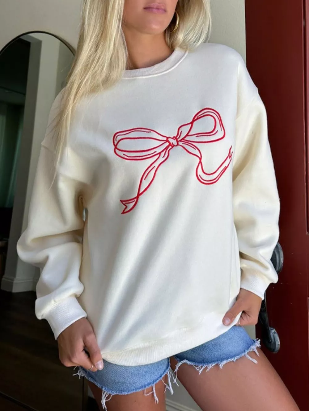 Bow Crew Neck Drop Shoulder Sweatshirt, image 2