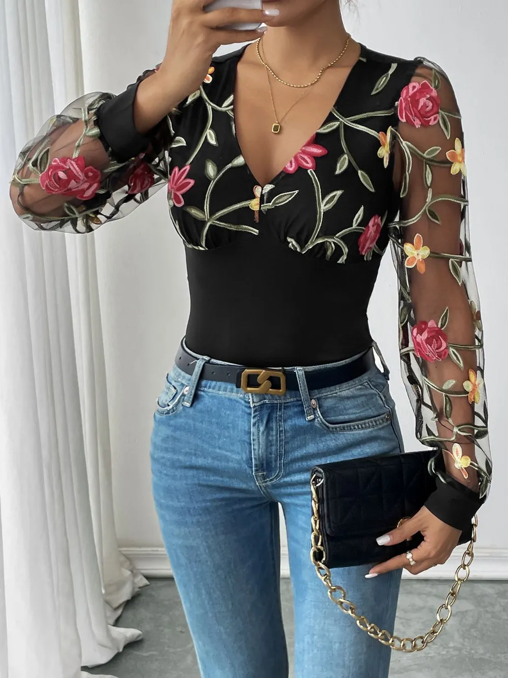 Embroidered V-Neck Long Sleeve Bodysuit, image 5