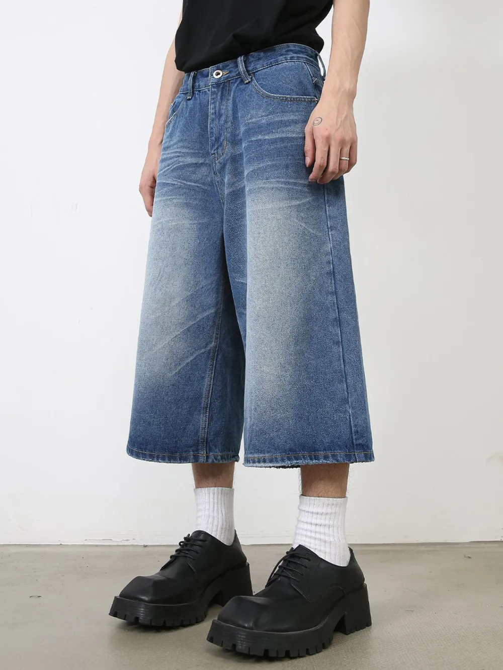 Men's Washed Denim Shorts with Pockets, image 3