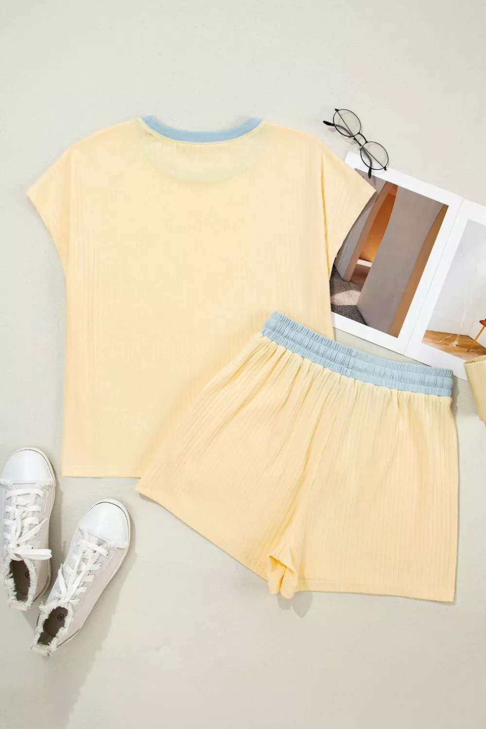 Soft Ribbed Color Block Trim Casual Short Set, image 9