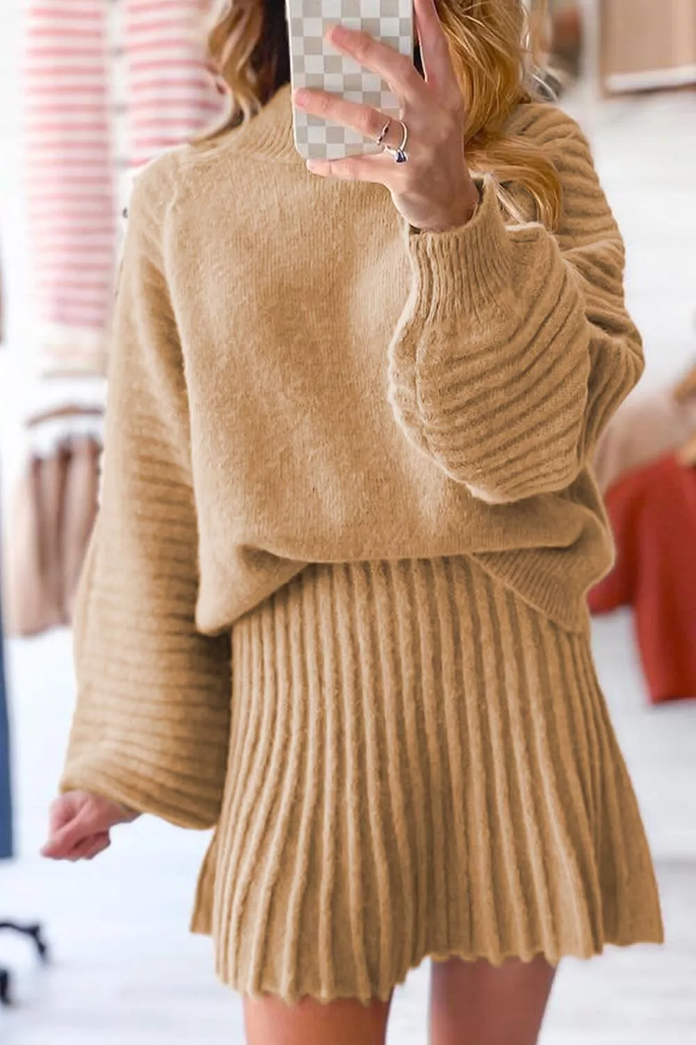 Ribbed Knit Long Sleeve Top and Skirt Sweater Set, image 2