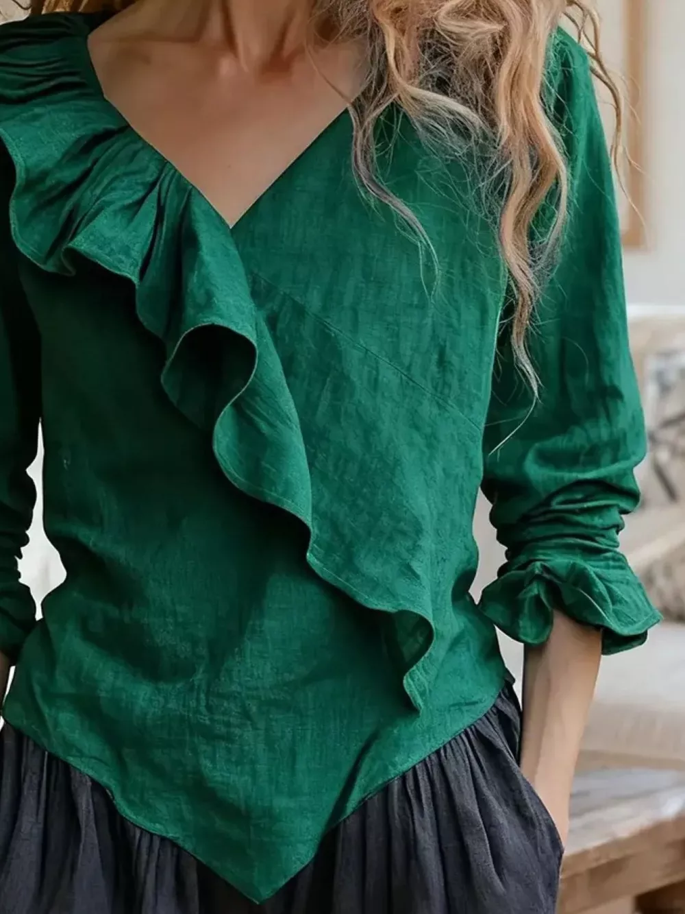 V-Neck Ruffled Long Sleeve Blouse, image 4