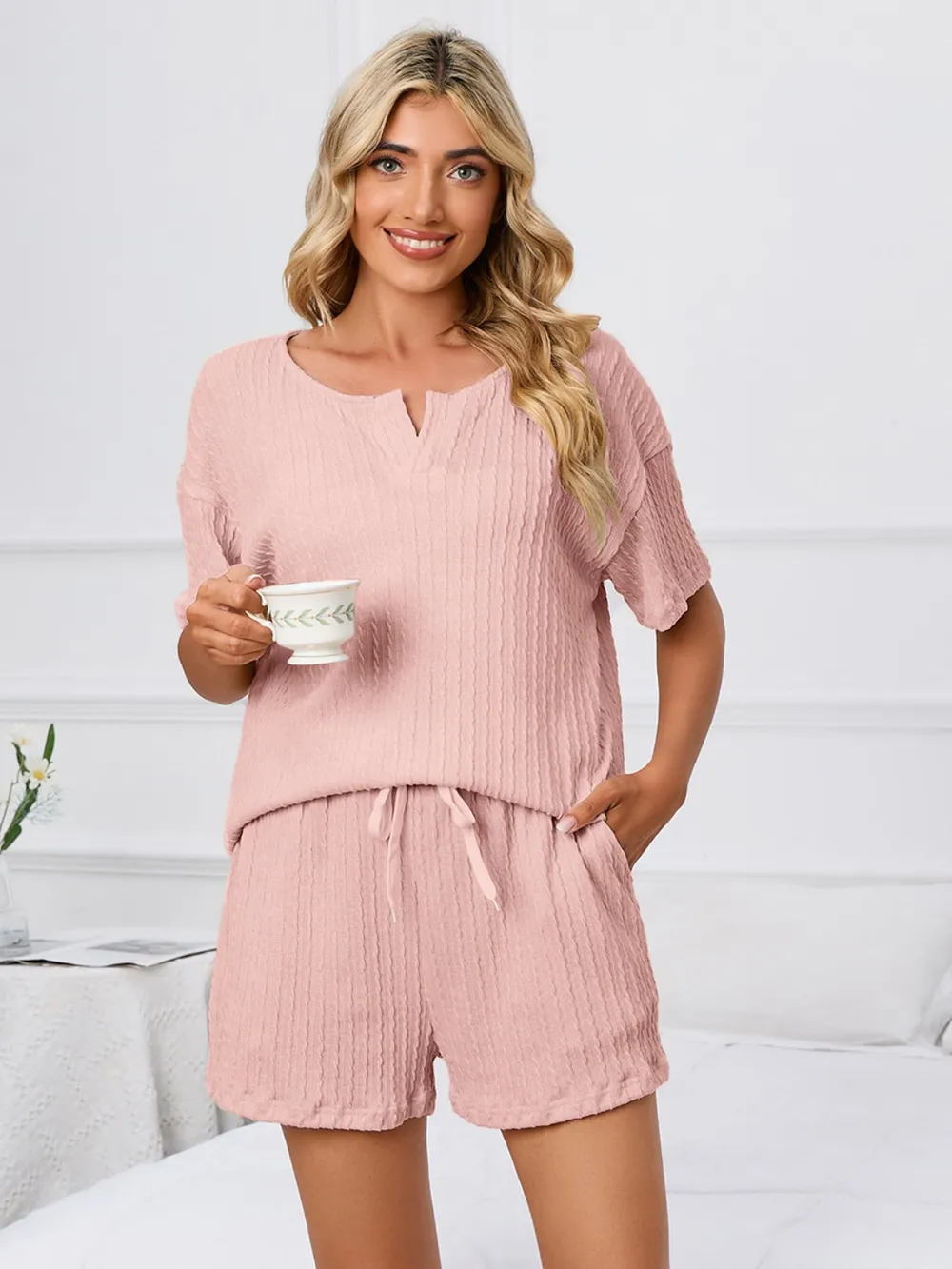Notched Short Sleeve and Shorts Lounge Set, image 5