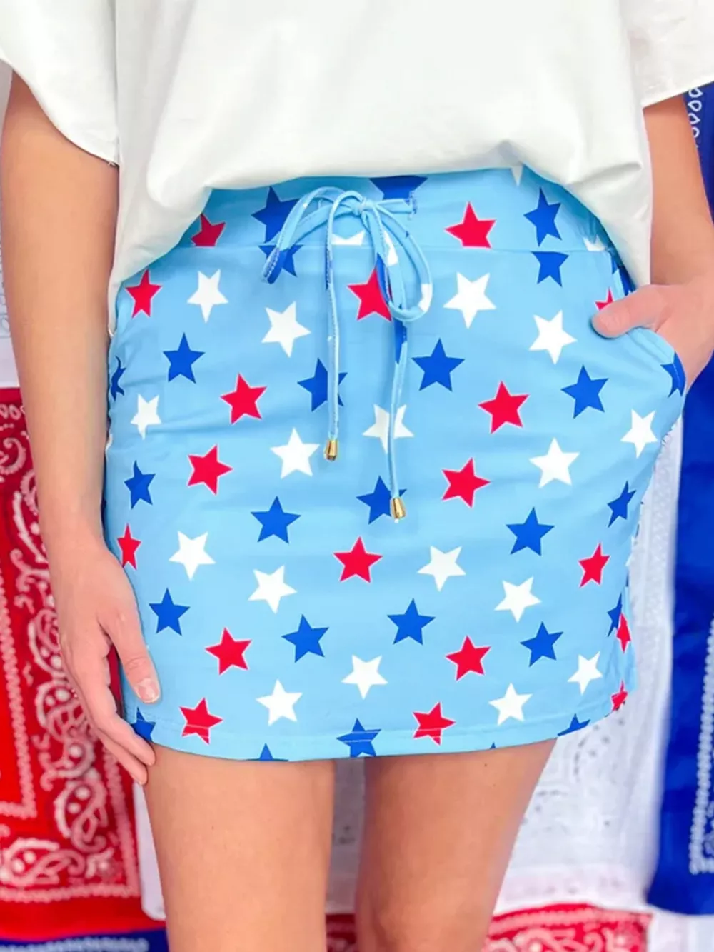Patriotic Star Printed Beaded Drawstring Mini Skort
